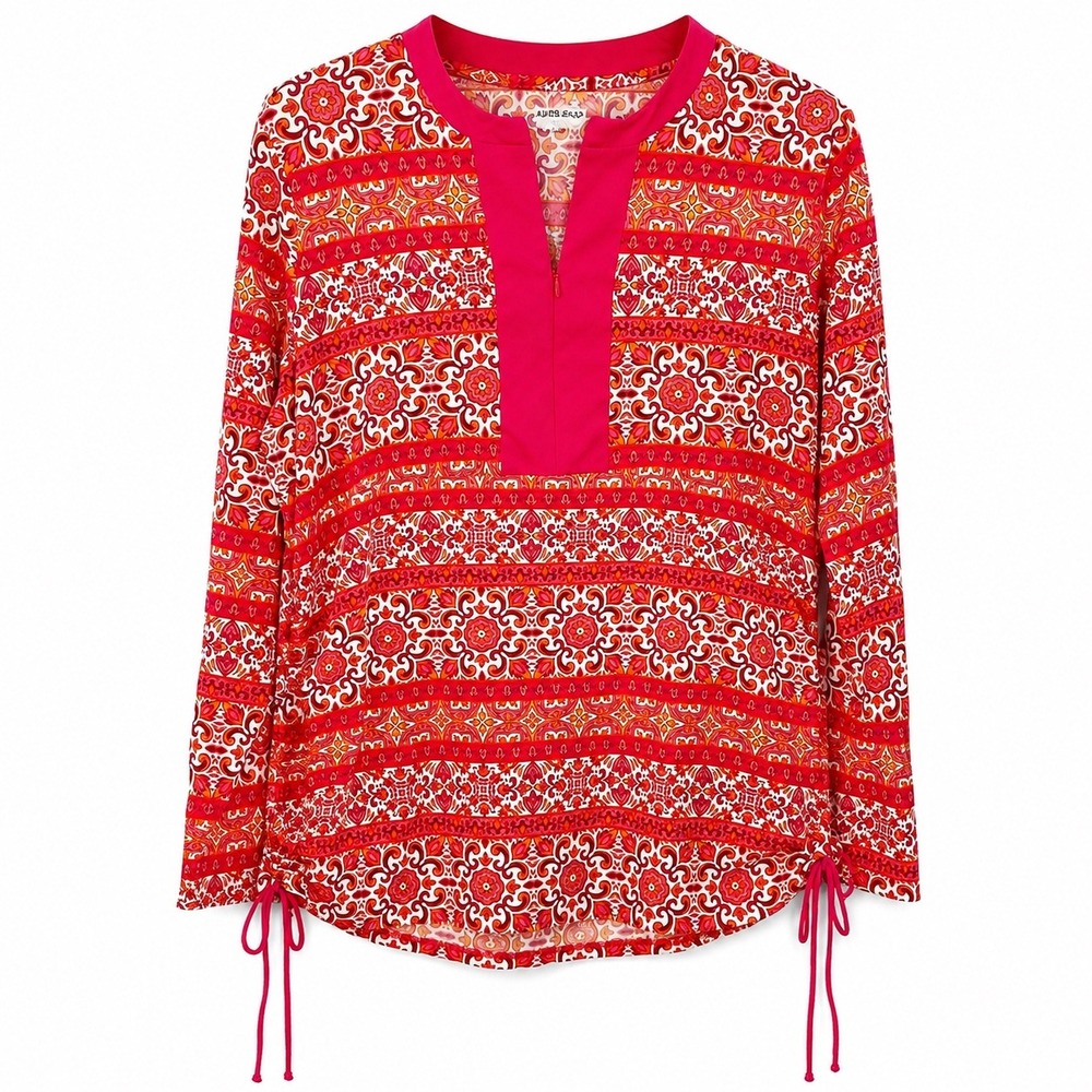 Lands End Womens L Petite Pink Orange Floral Rash Guard Swim Tunic Quarter Zip